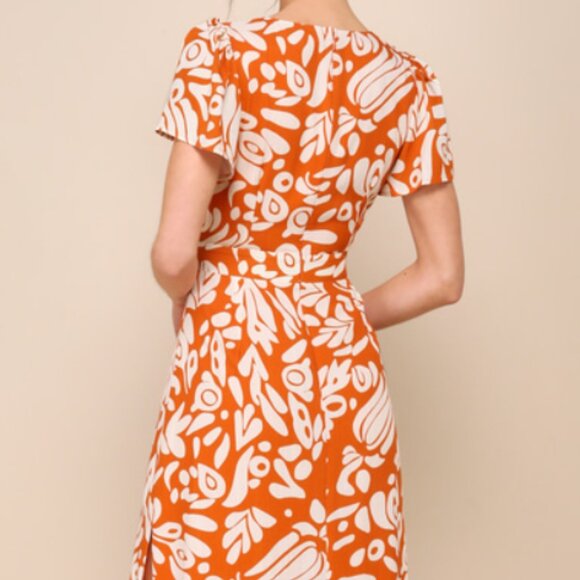 Lulus Energetic Charm Rust Orange Abstract Tie-Front Midi Dress, NWT, Size Small - Picture 6 of 12